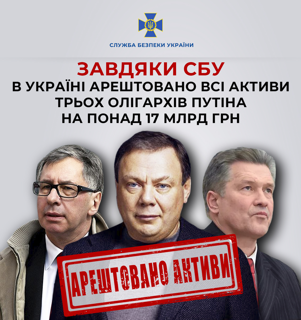 Завдяки СБУ в Україні арештовано всі активи трьох олігархів путіна на понад 17 млрд грн